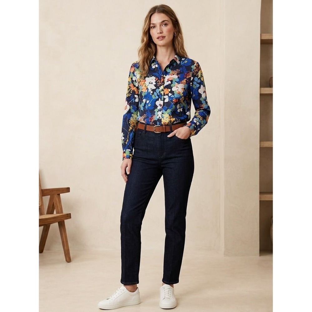 Banana Republic Dillon Shirt Womens Small Navy Blue Floral Button Down Blouse